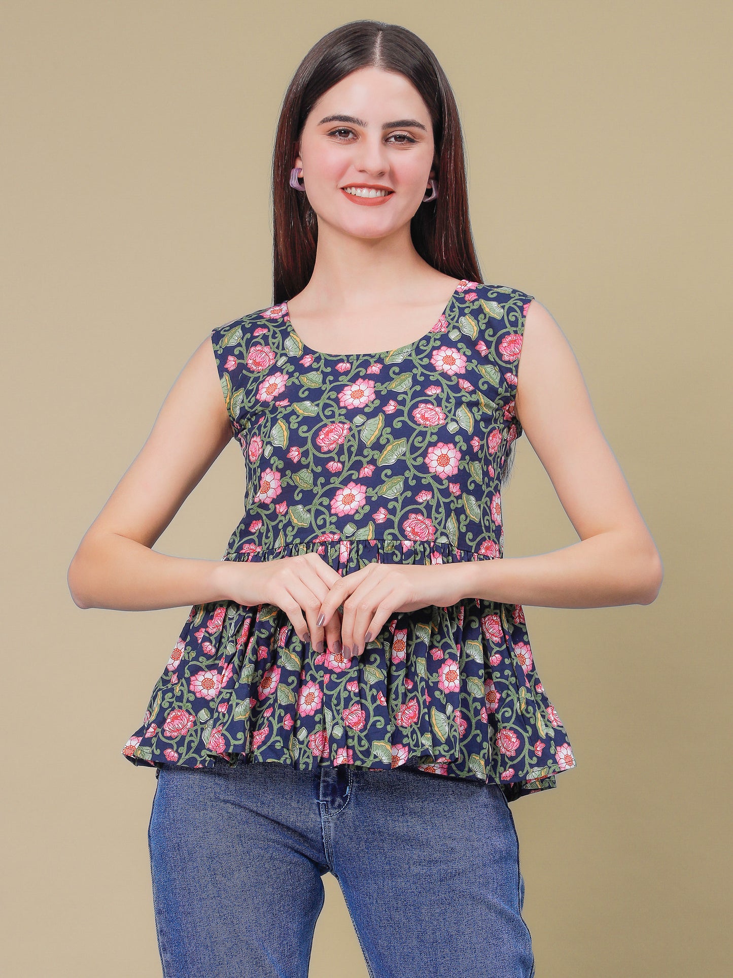 Navy Blue Floral Printed Peplum Top