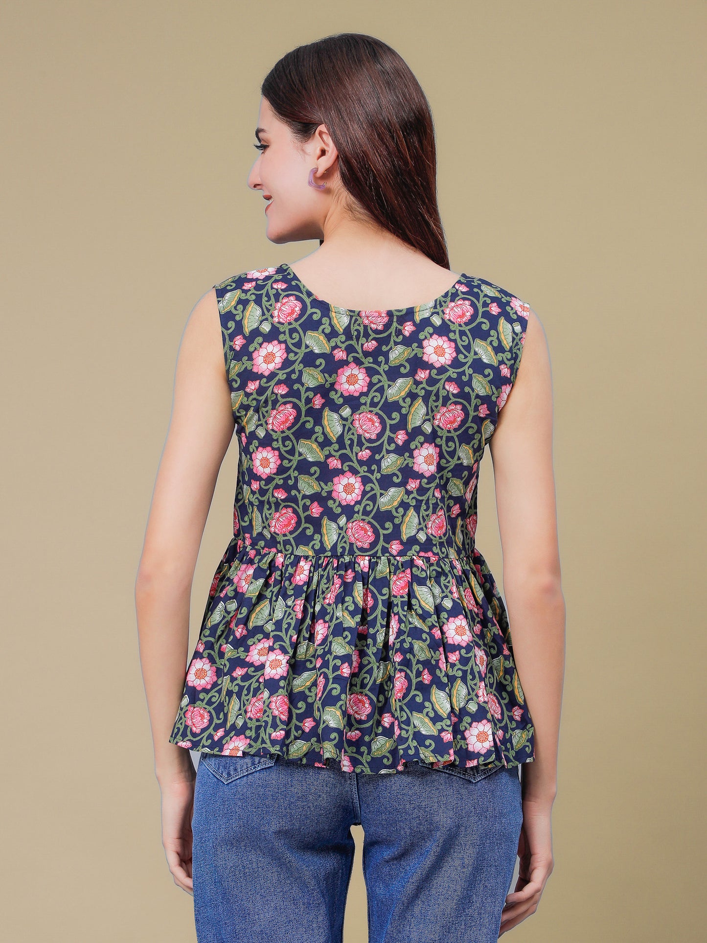 Navy Blue Floral Printed Peplum Top