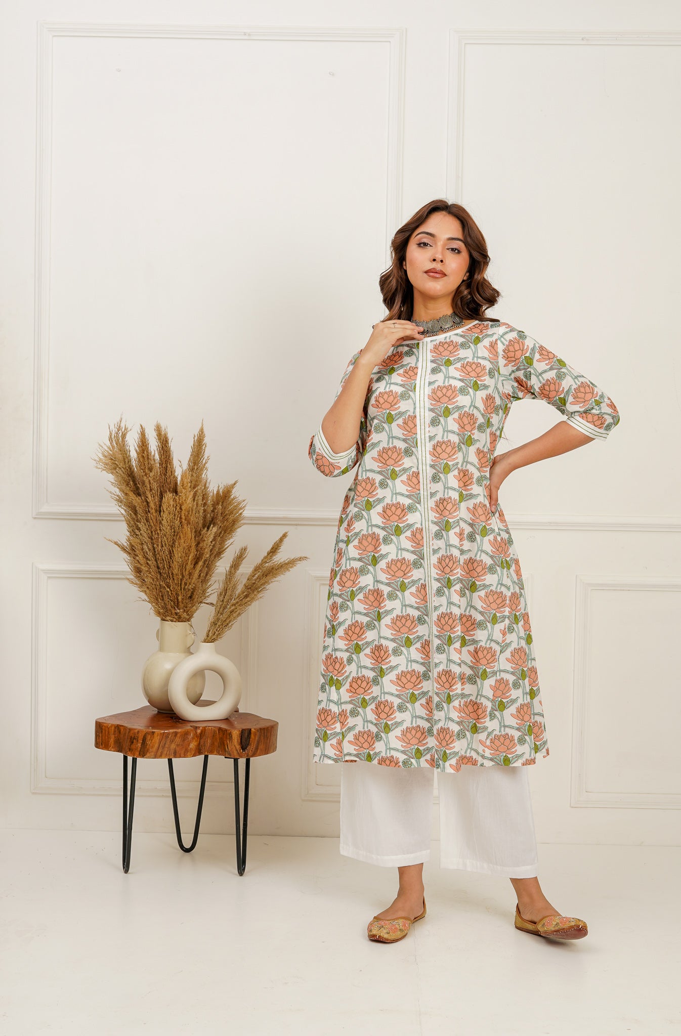Lotus Printed Boat Neck Kurta and Pants Set