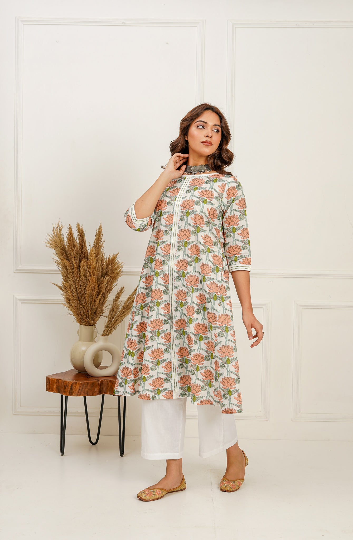Lotus Printed Boat Neck Kurta and Pants Set
