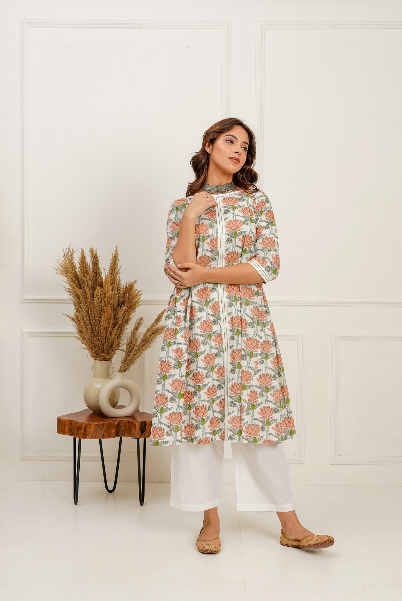 Lotus Printed Boat Neck Kurta and Pants Set