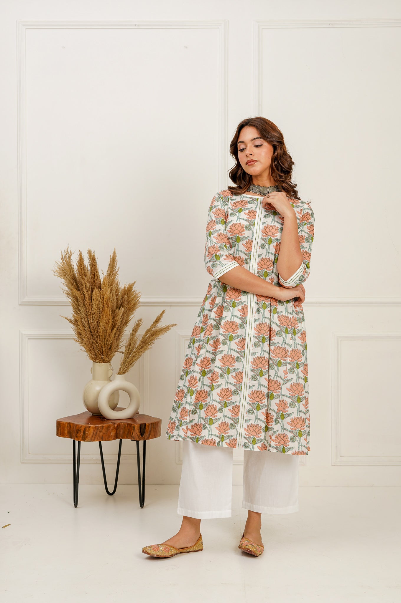 Lotus Printed Boat Neck Kurta and Pants Set