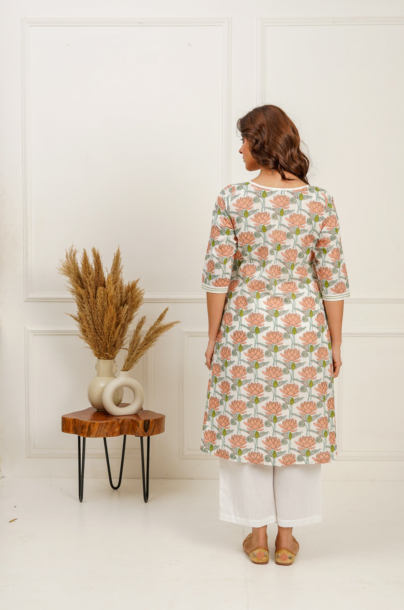 Lotus Printed Boat Neck Kurta and Pants Set