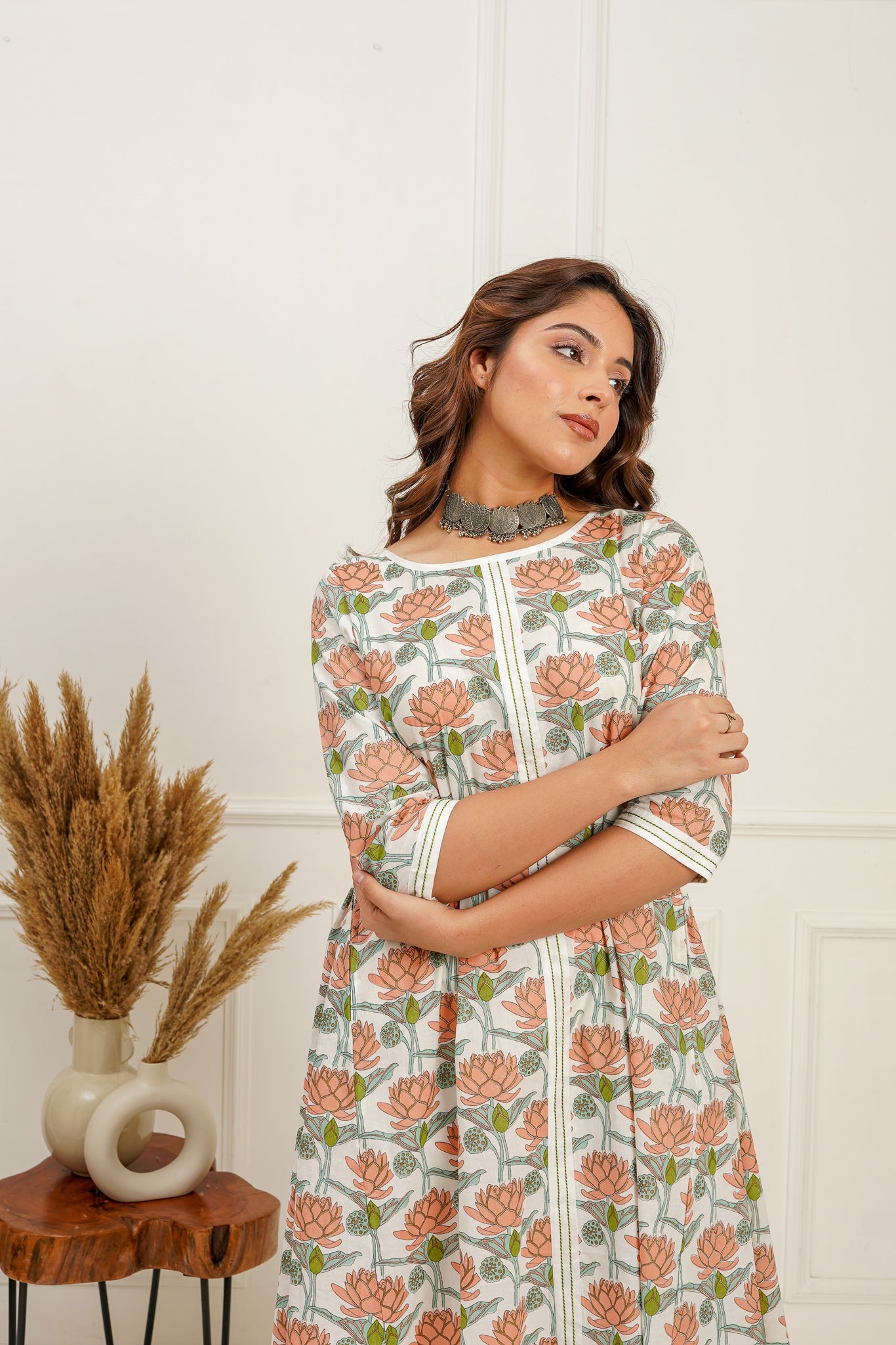 Lotus Printed Boat Neck Kurta and Pants Set