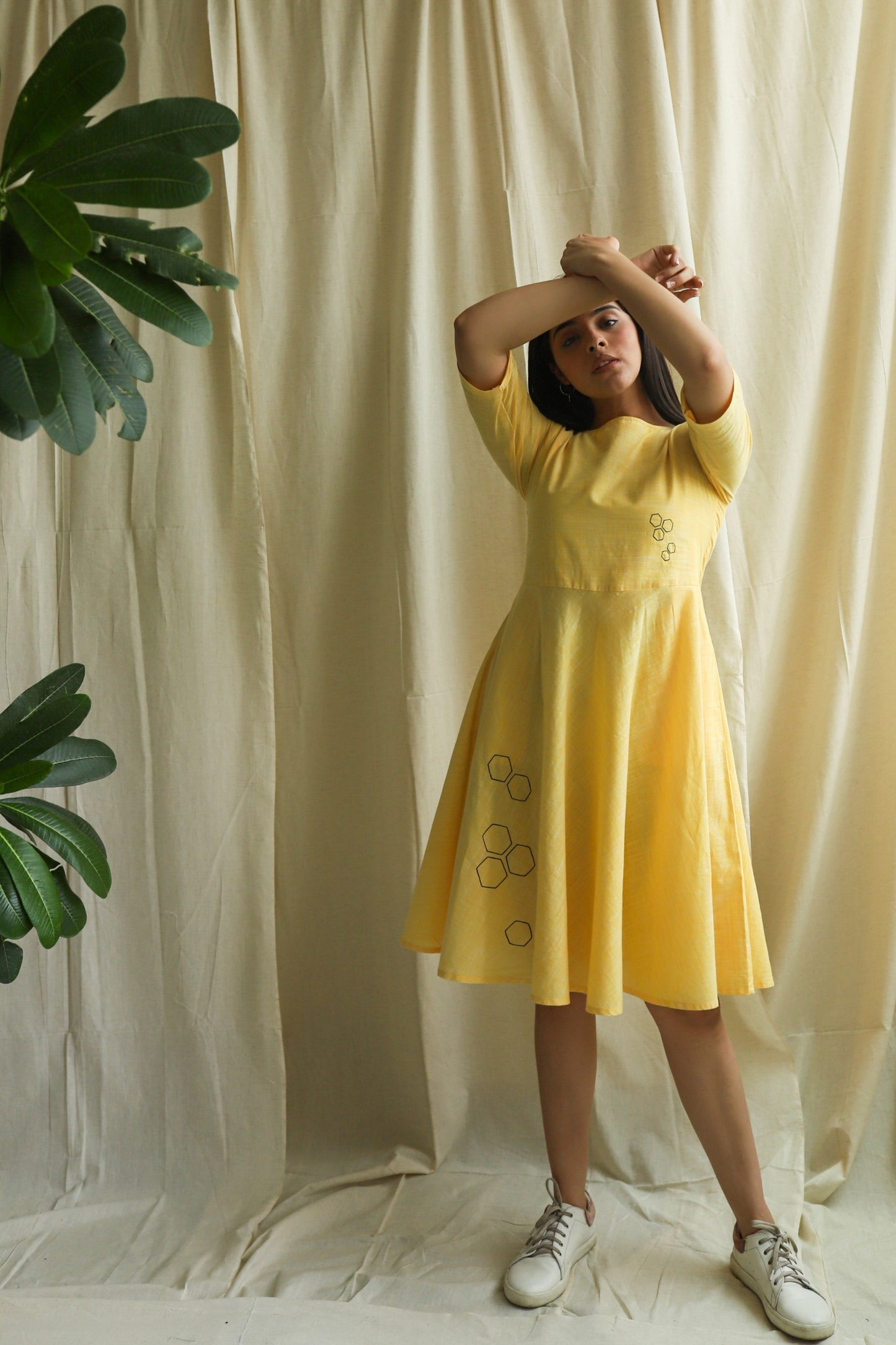 Yellow Embroidered Fit and Flare Dress