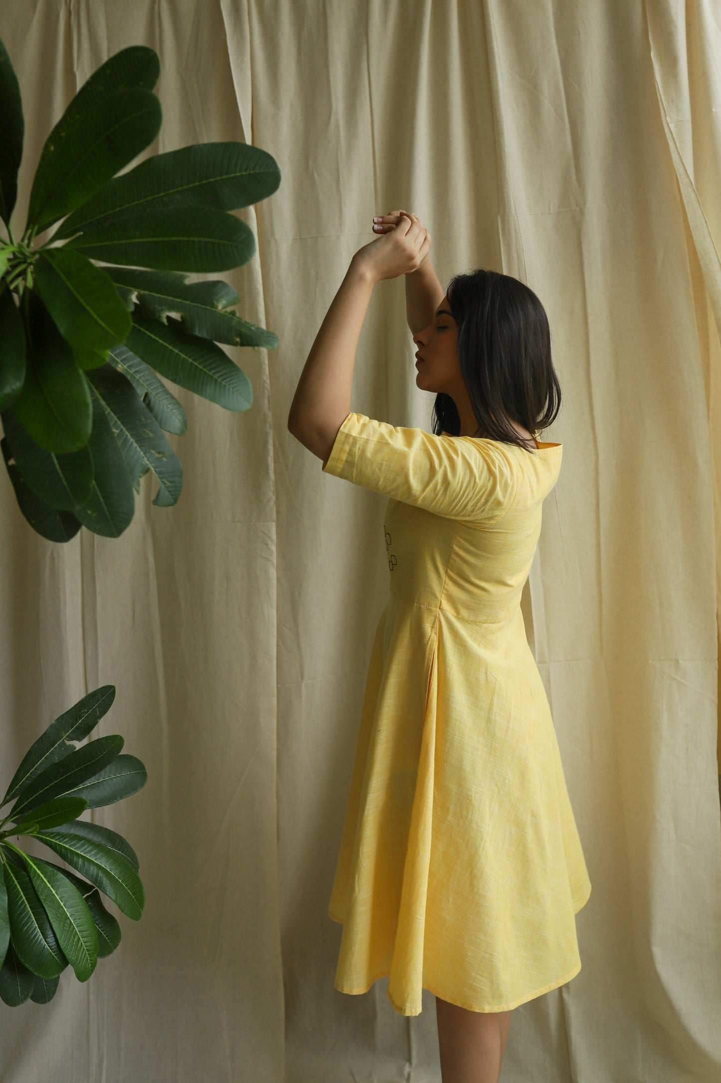 Yellow Embroidered Fit and Flare Dress