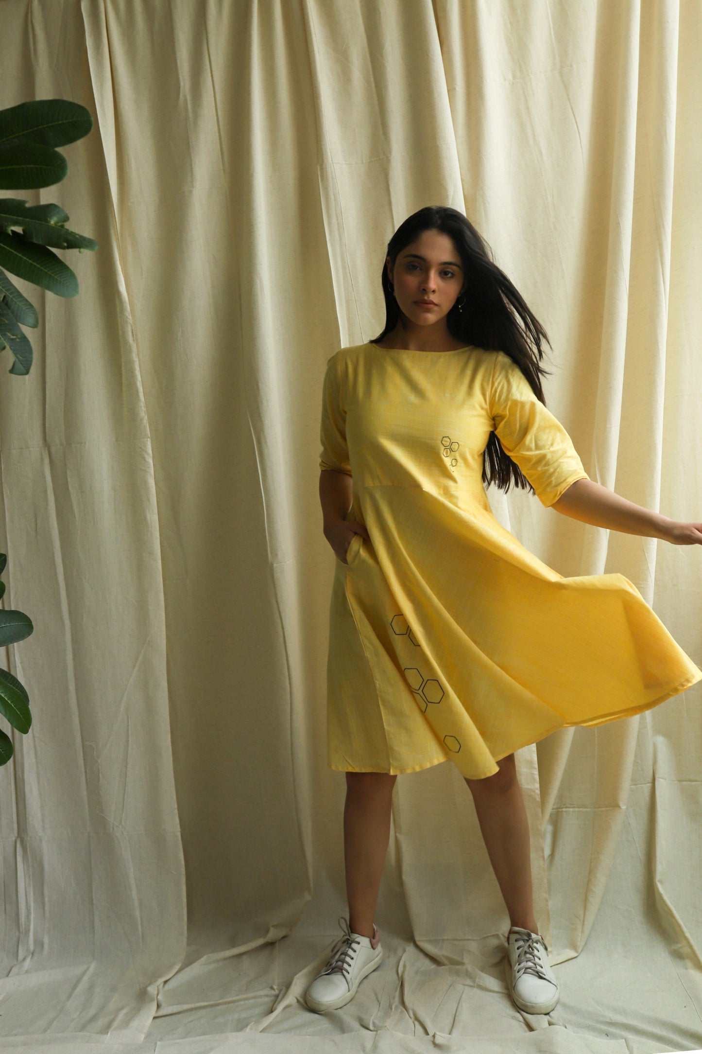 Yellow Embroidered Fit and Flare Dress