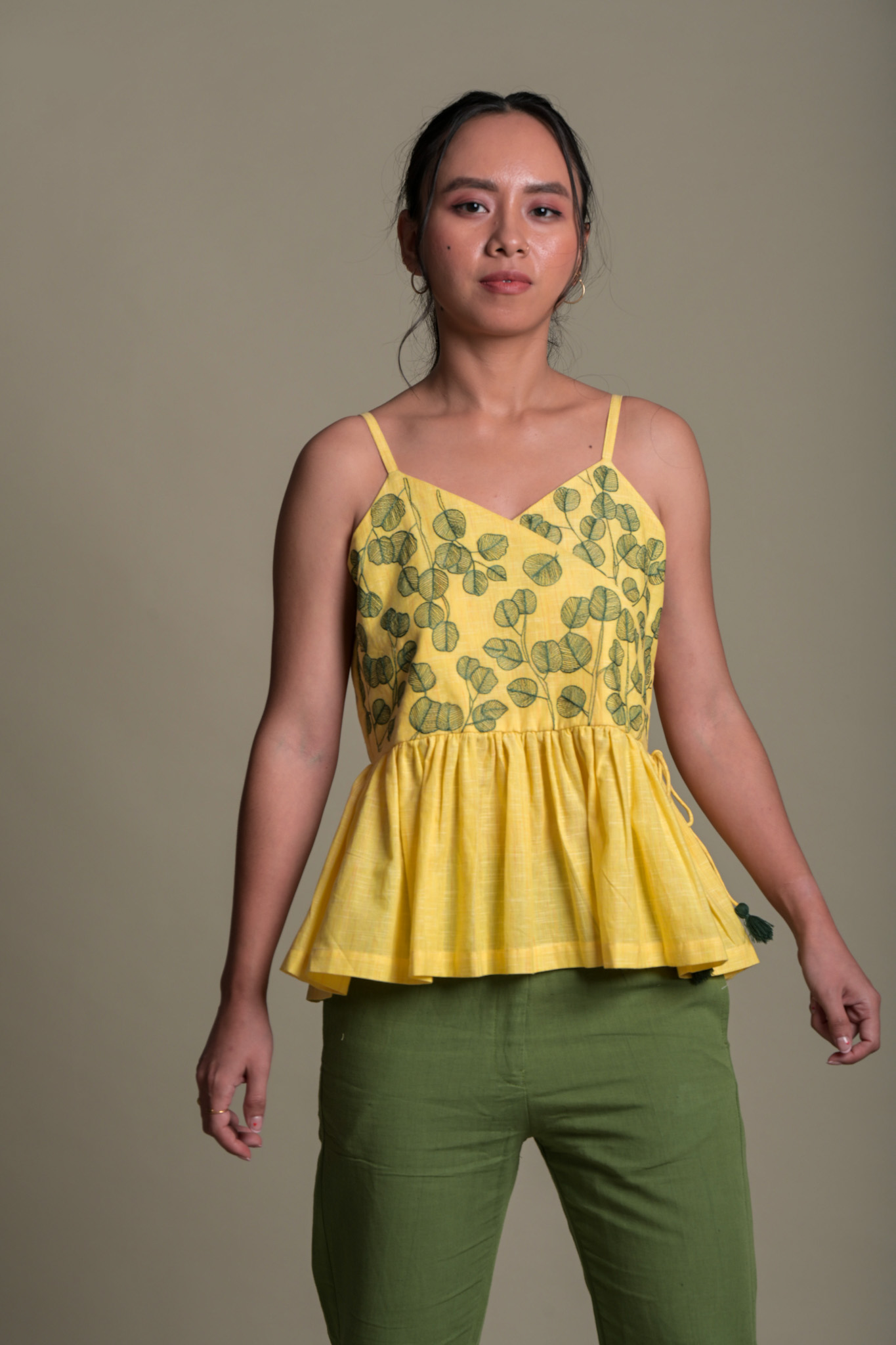 Leaf Embroidered Peplum Strap Top