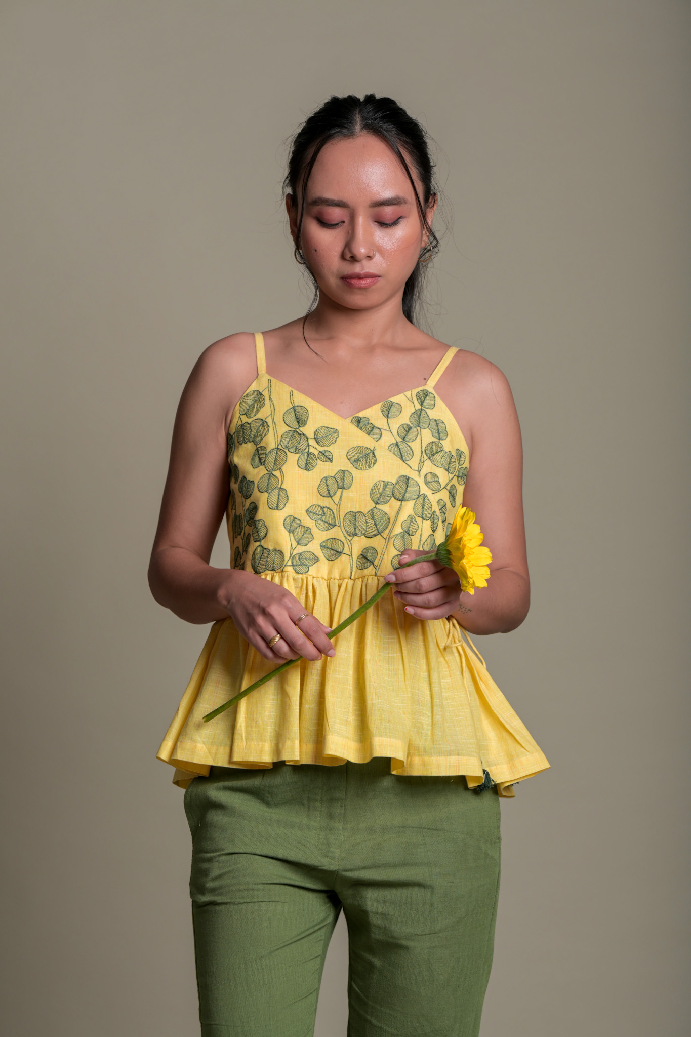 Leaf Embroidered Peplum Strap Top