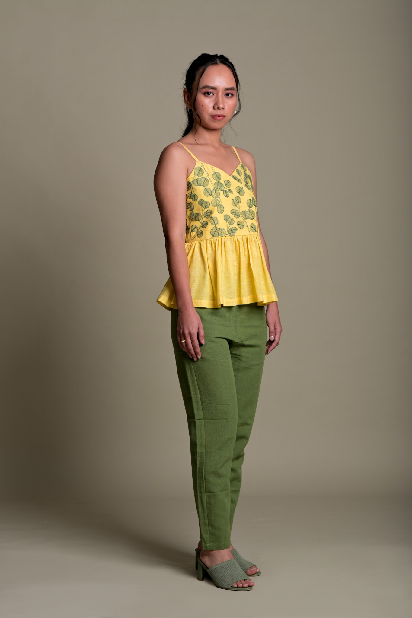 Leaf Embroidered Peplum Strap Top