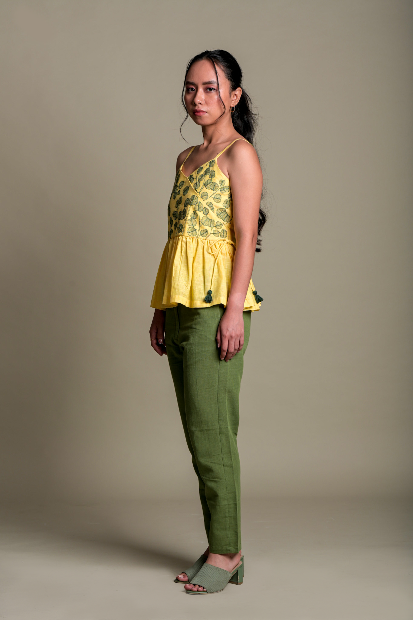Leaf Embroidered Peplum Strap Top