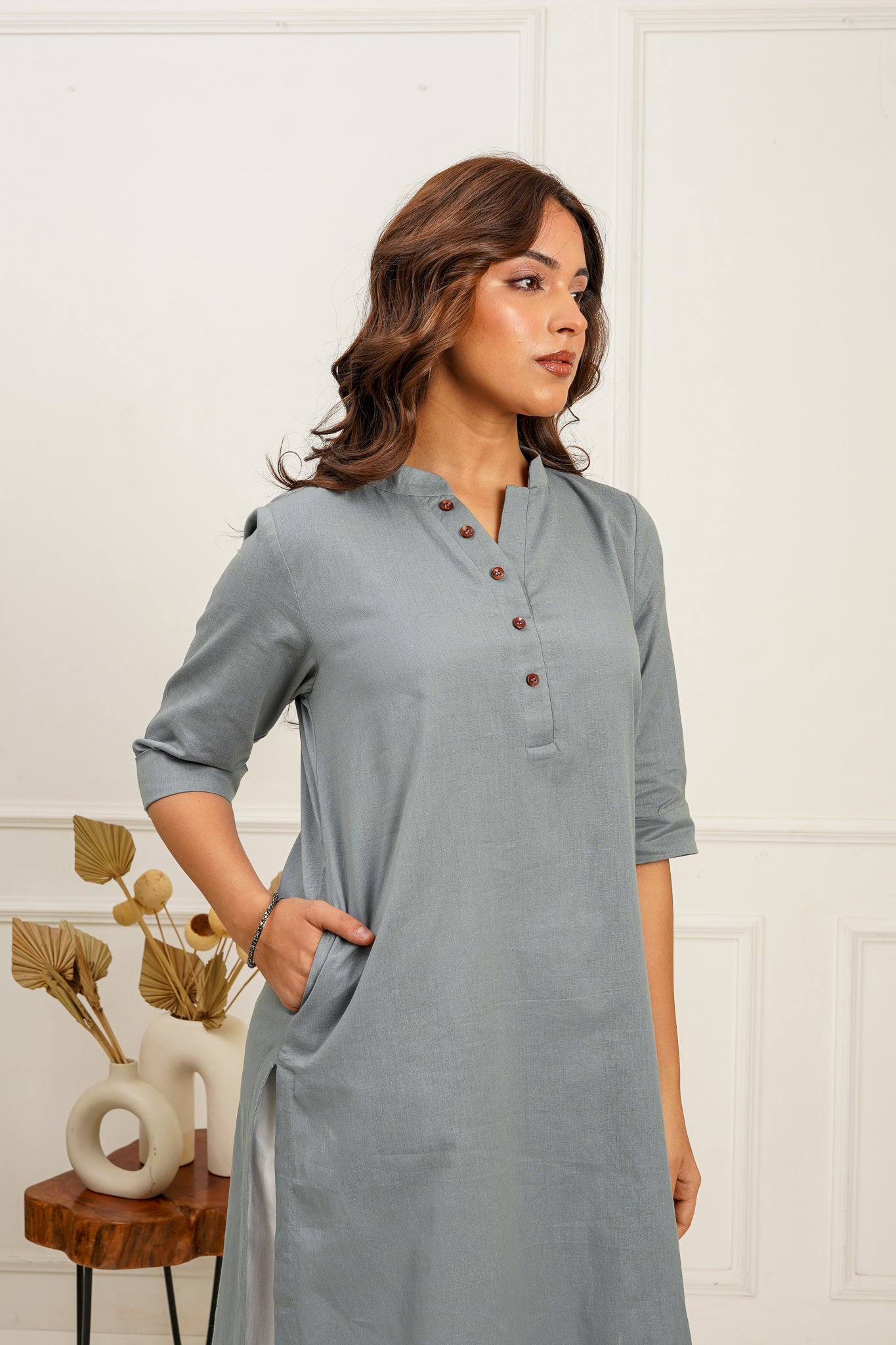 Solid Grey Long Kurta