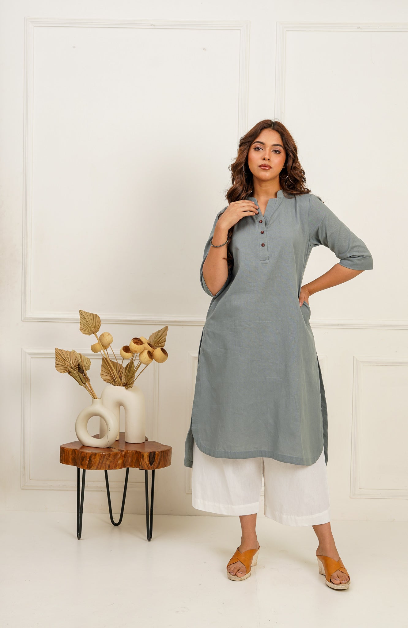 Solid Grey Long Kurta