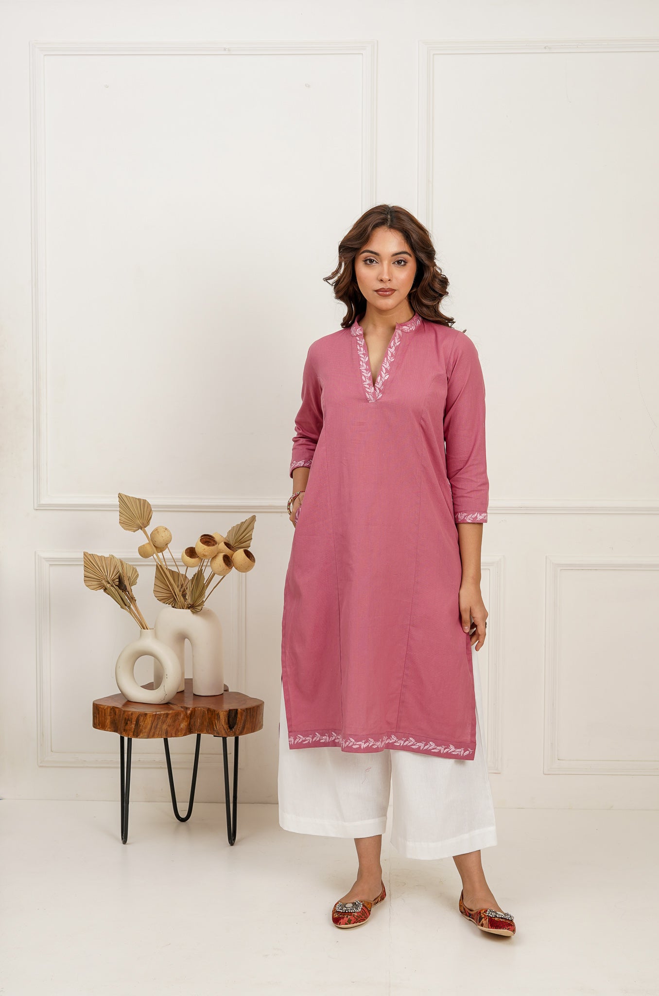 Pink Embroidered Long Kurta