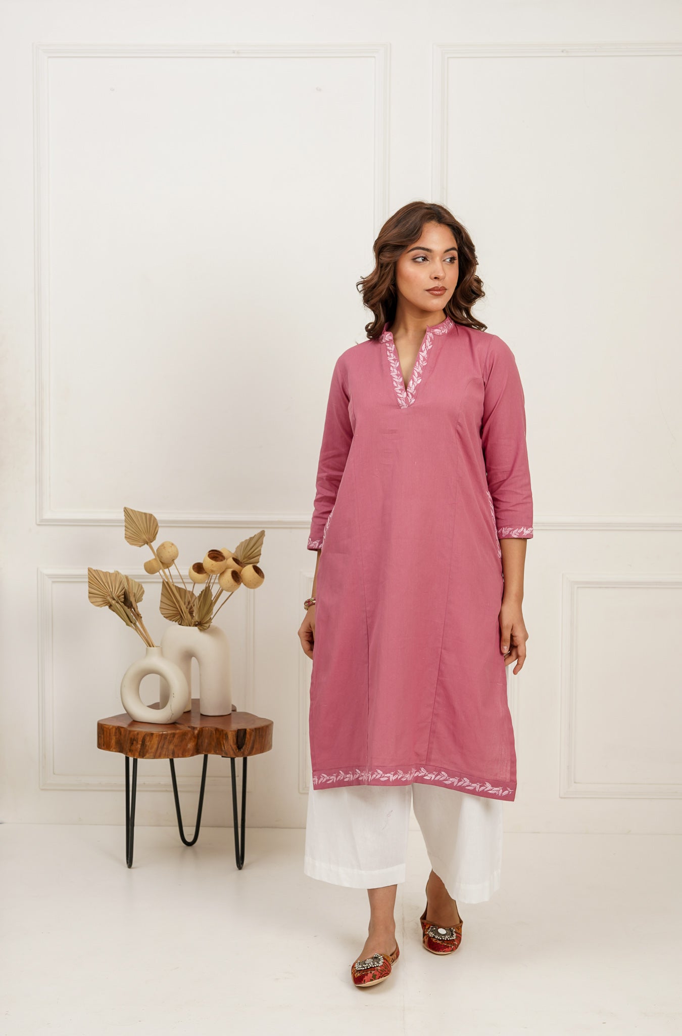 Pink Embroidered Long Kurta