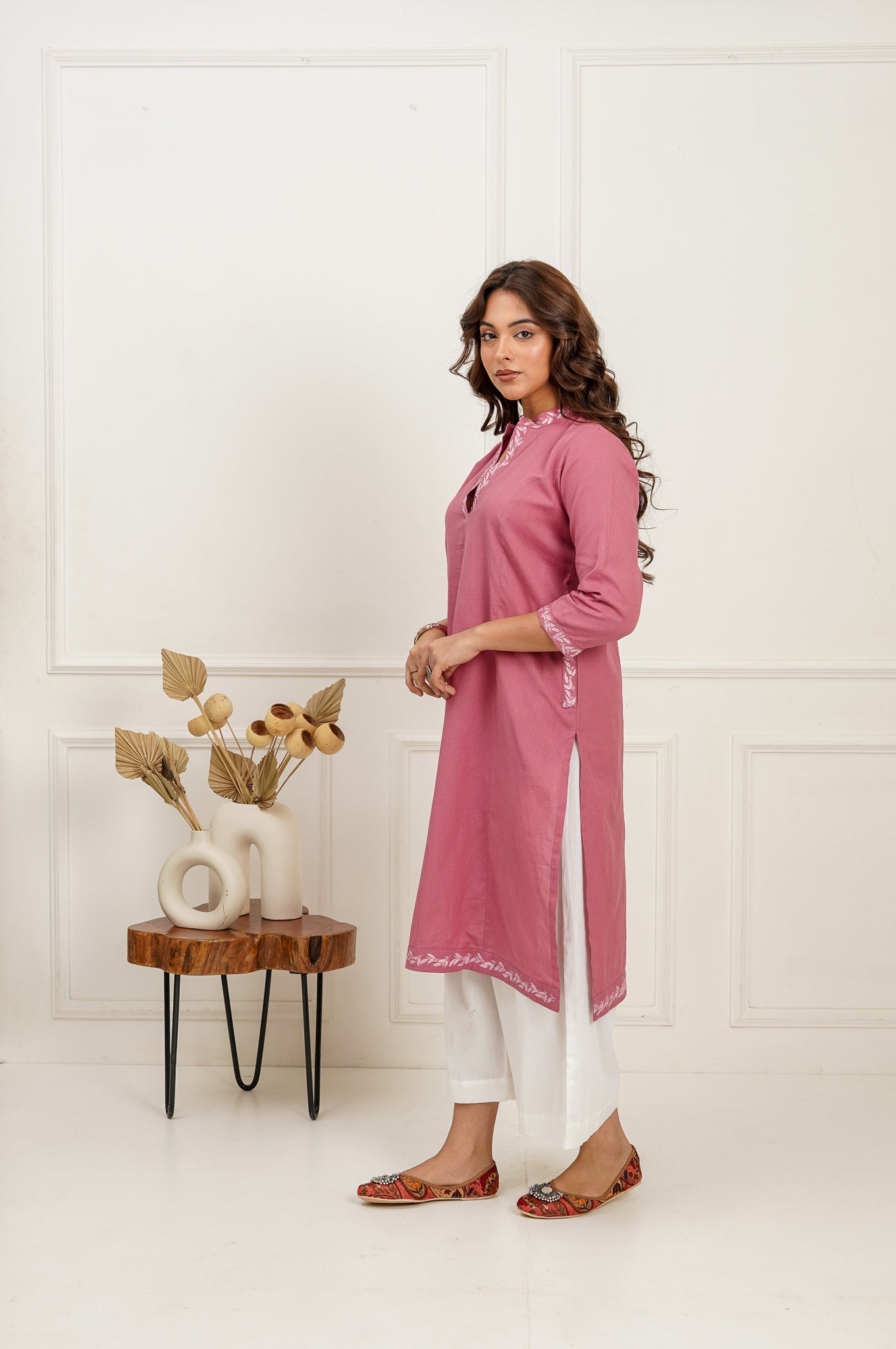 Pink Embroidered Long Kurta