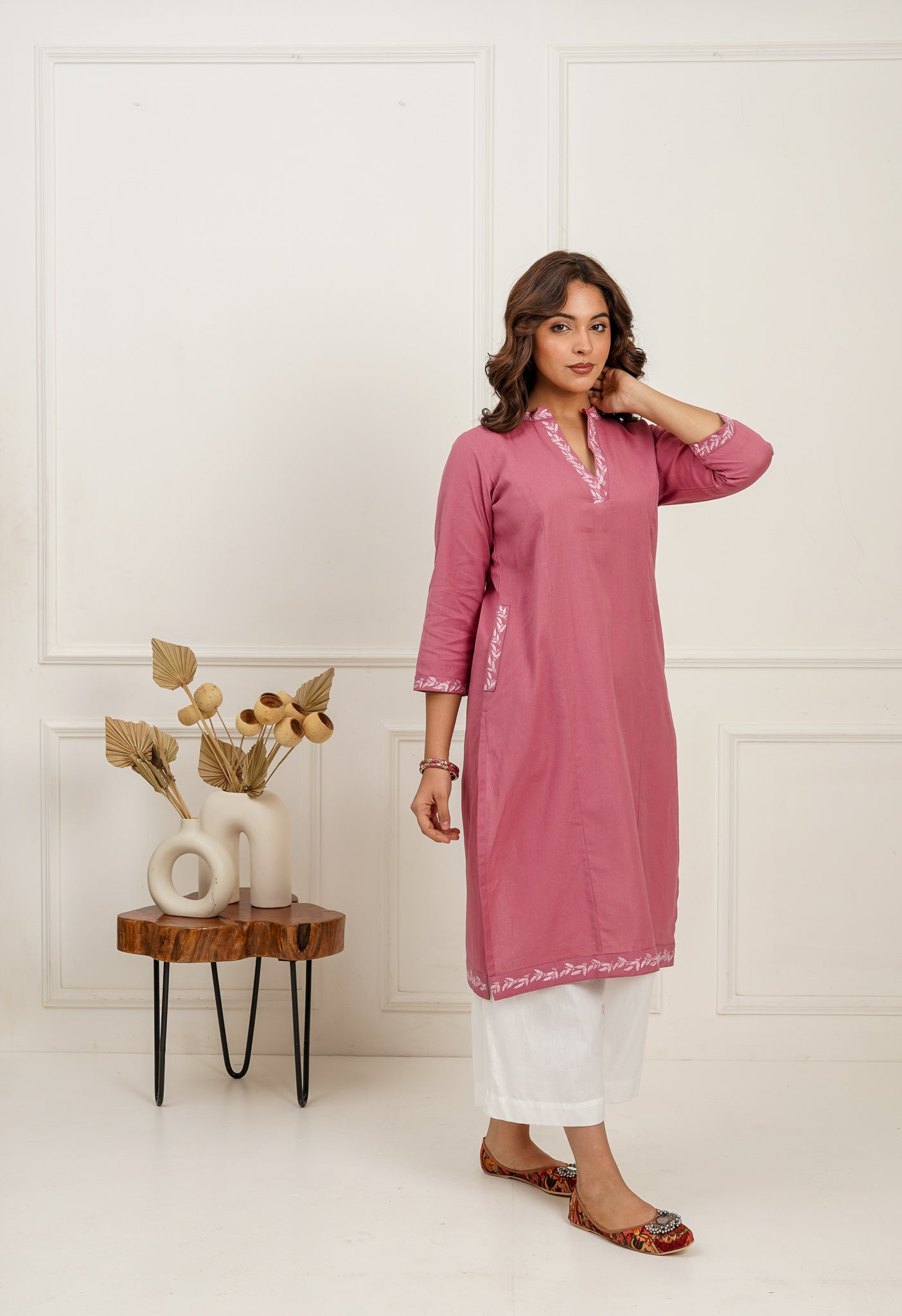 Pink Embroidered Long Kurta