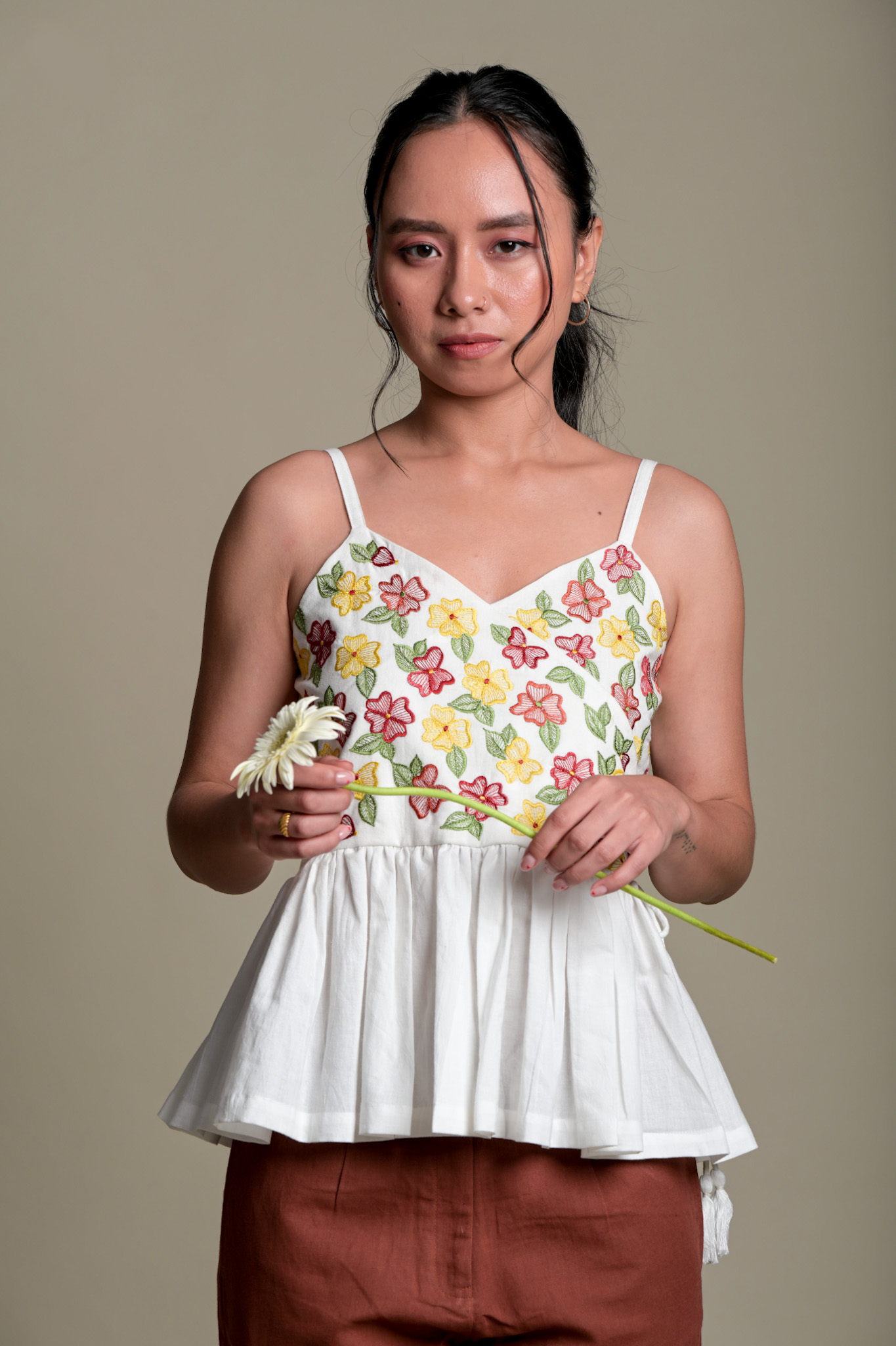 Floral Embroidered Peplum Strap Top