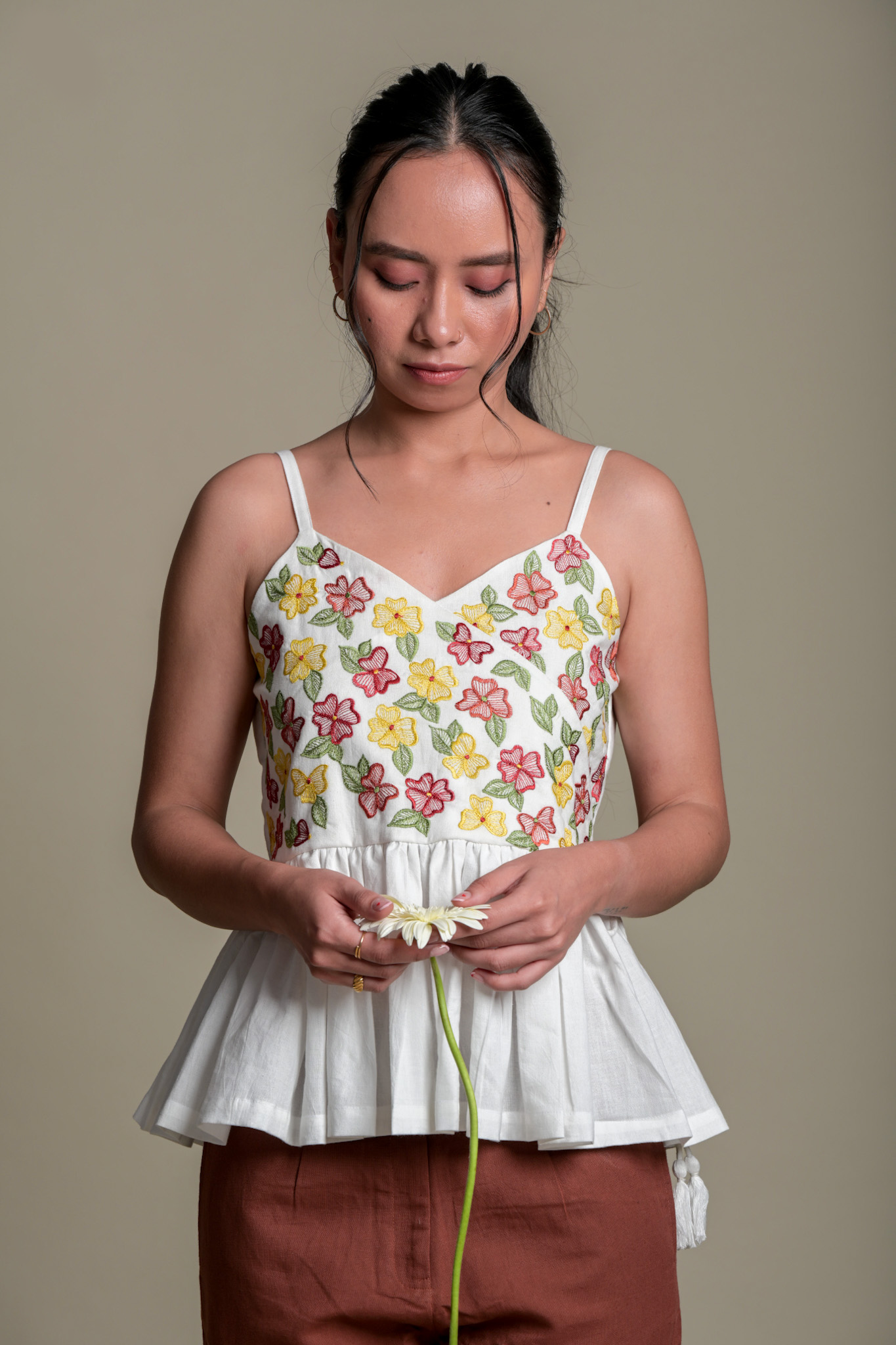 Floral Embroidered Peplum Strap Top