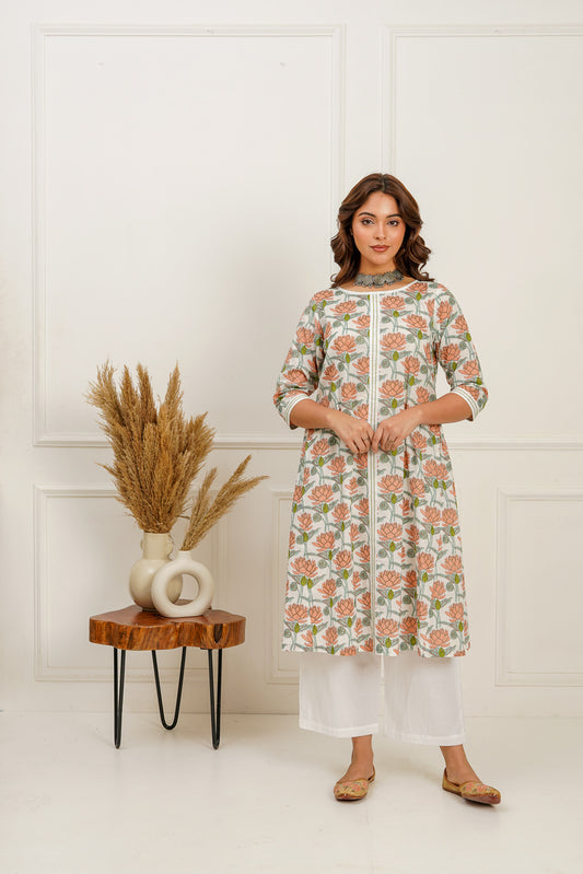 Lotus Printed Boat Neck Kurta and Pants Set