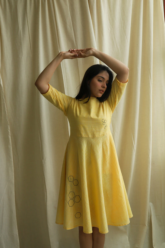 Yellow Embroidered Fit and Flare Dress