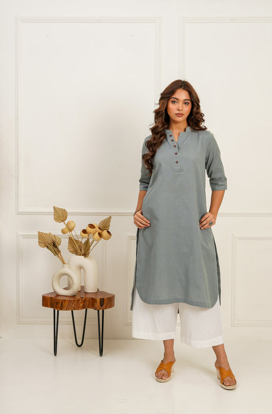 Solid Grey Long Kurta and Pants Set