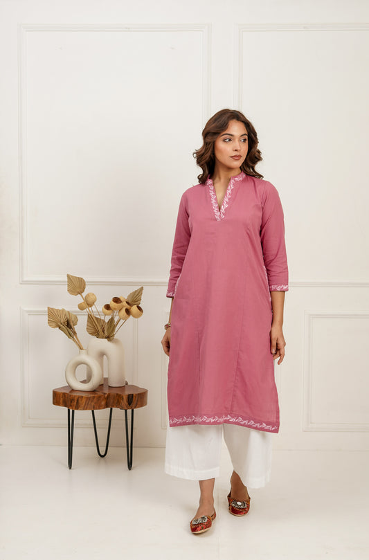 Pink Embroidered Long Kurta and Pants Set