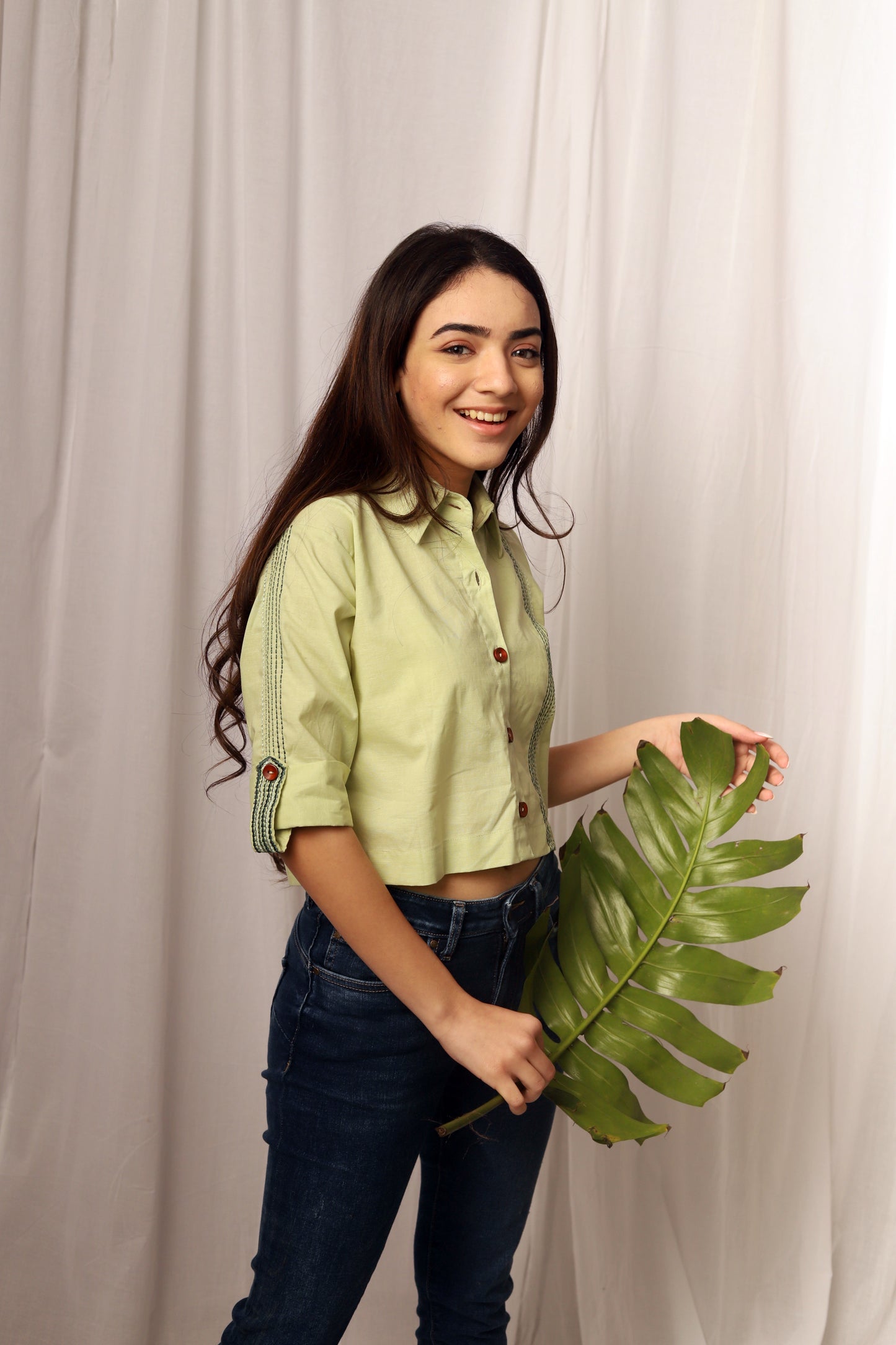 Pista Green Embroidered Crop Shirt