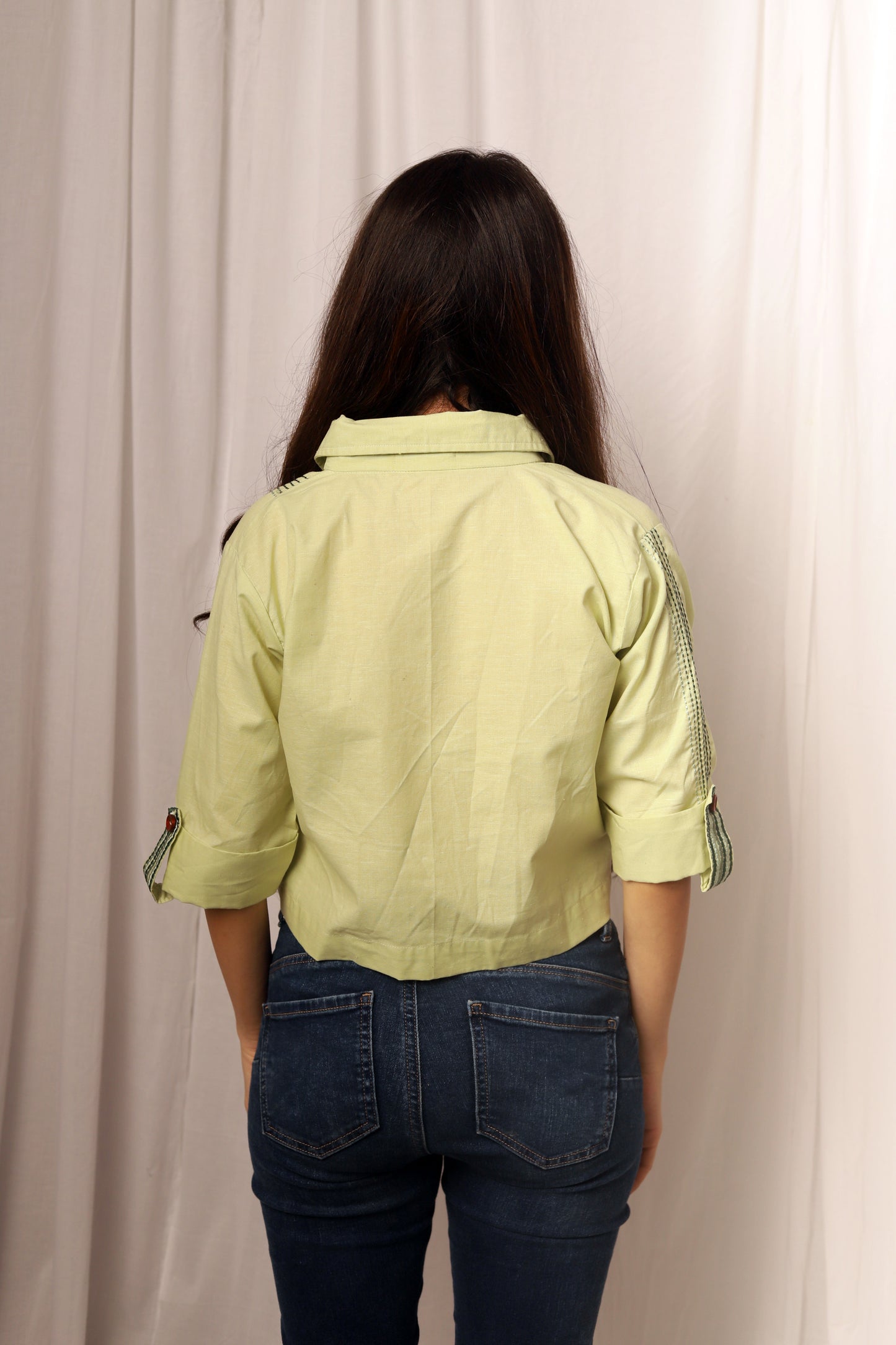 Pista Green Embroidered Crop Shirt