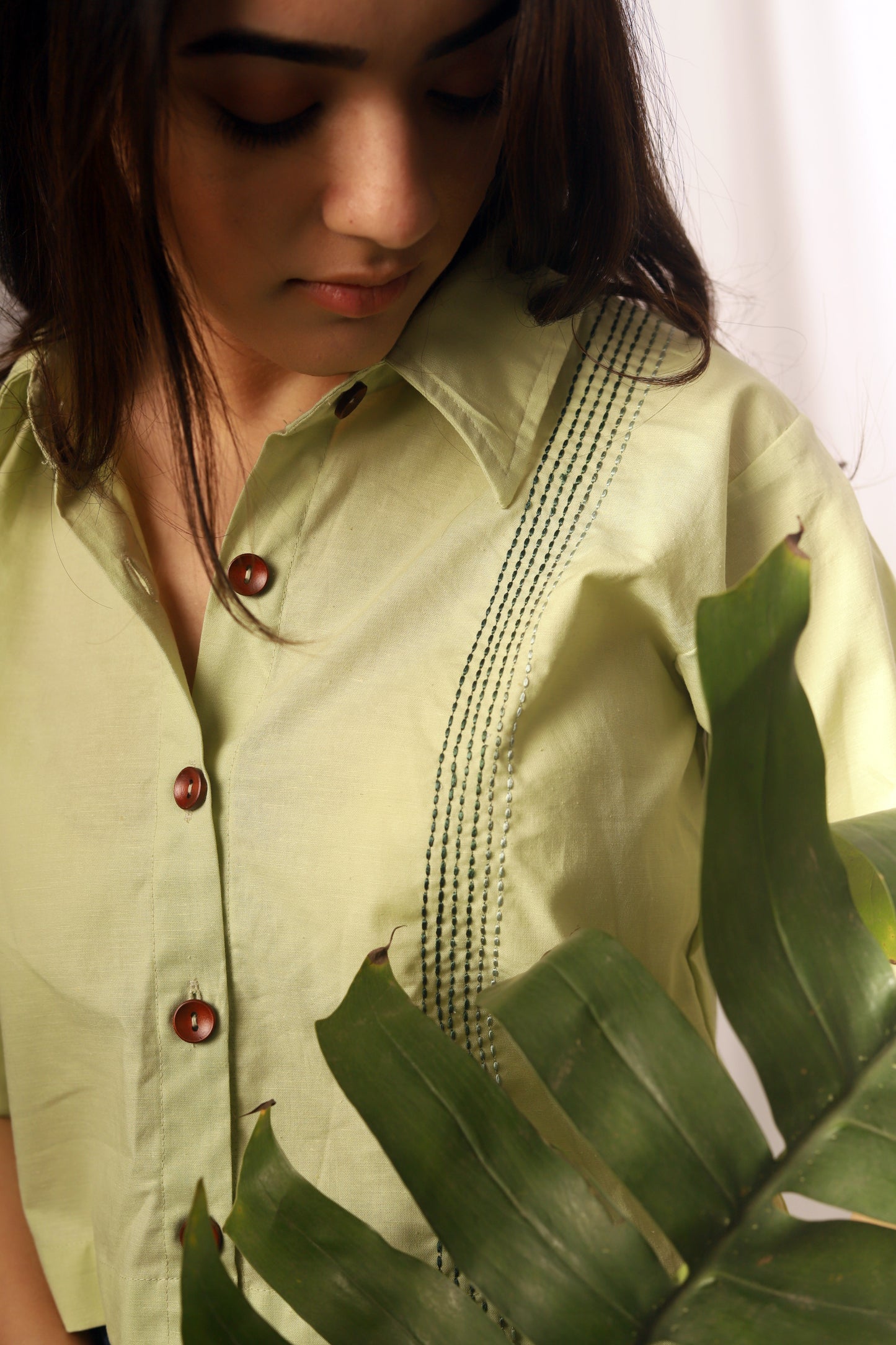 Pista Green Embroidered Crop Shirt