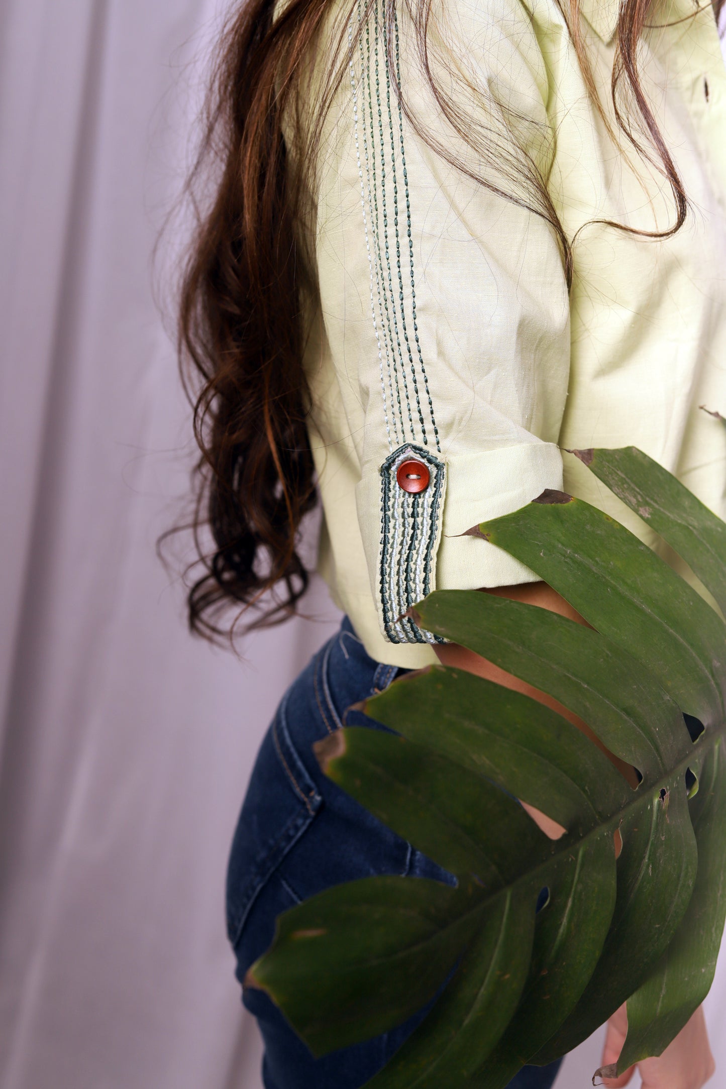 Pista Green Embroidered Crop Shirt